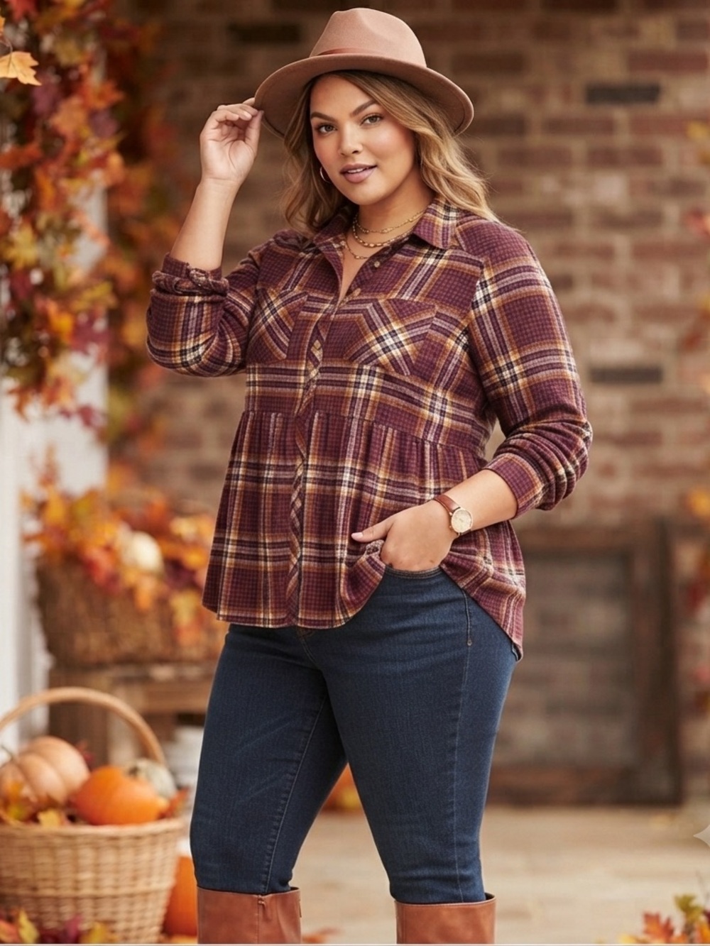 Jodifl Women’s Plaid Button Up Peplum Top NWT